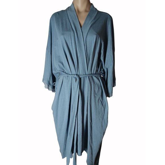 Cacique Other - Cacique Sleep Womens Blue Kimono Robe With Lace Trim Adjustable Waist Tie Size 2